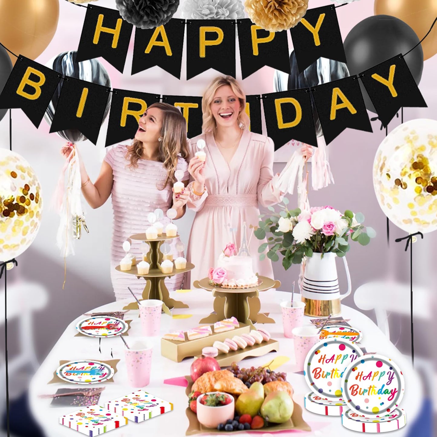 75Pcs Happy Birthday Dots Plates and Napkins Party Supplies,7 Inch Dots Paper Plates and 6.5 Inch Napkins with 6.3 Inch Forks Disposable Tableware Set for Birthday Party Decorations,Serve 25
