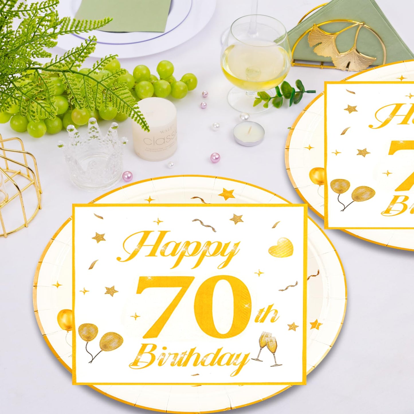 EVYIENEN 50PCS 70th Happy Birthday Plates and Napkins,7 Inch Premium Wihte and Gold Birthday Dessert Cake Plates Party and Cocktail Napkin for Men and WomenTable Anniversary Decoration