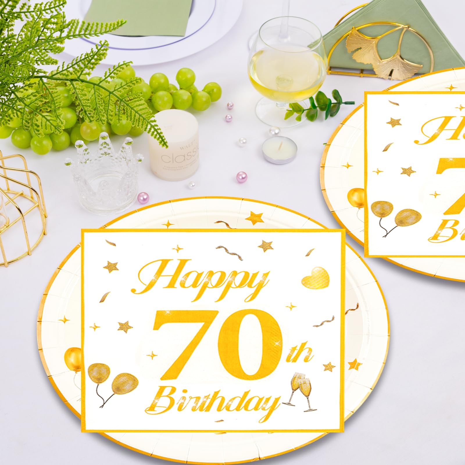 EVYIENEN 50PCS 70th Happy Birthday Plates and Napkins,7 Inch Premium Wihte and Gold Birthday Dessert Cake Plates Party and Cocktail Napkin for Men and WomenTable Anniversary Decoration