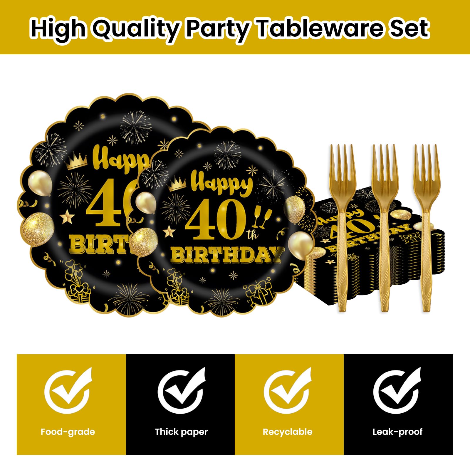 EVYIENEN 96Pcs 60th Birthday Party Tableware Set,Back in 1965 Birthday Party Decorations Supplies, Disposable Black and Gold 60th Birthdays Paper Plates Napkins Forks Favors for Men Women, Serve 24