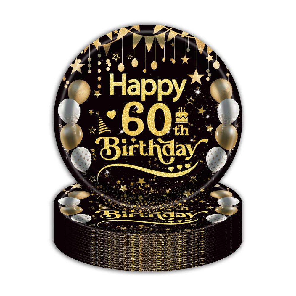 50Pcs 60th Birthday Paper Plates, 9 Inch Black and Gold Disposable Dessert Plates for Men and Women, 60th Birthday and Wedding Party