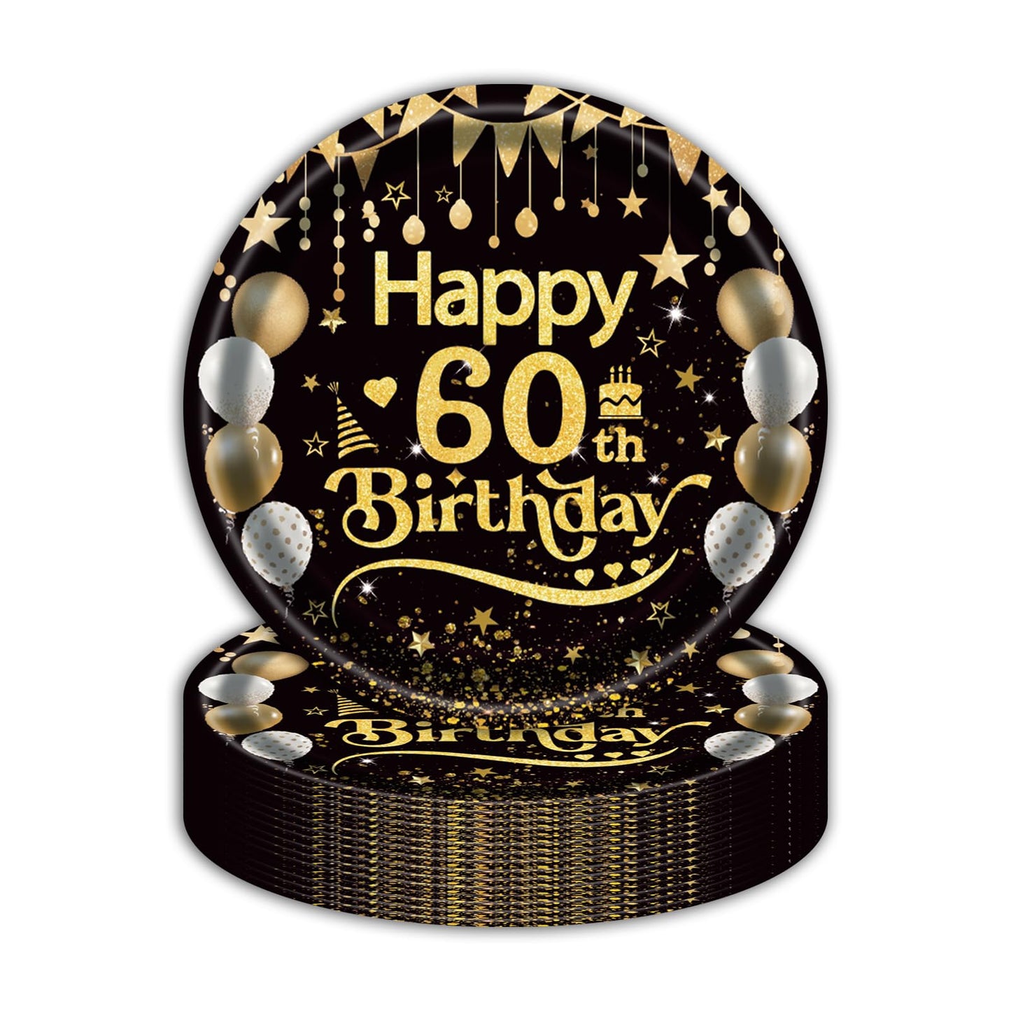 50Pcs 60th Birthday Paper Plates, 9 Inch Black and Gold Disposable Dessert Plates for Men and Women, 60th Birthday and Wedding Party