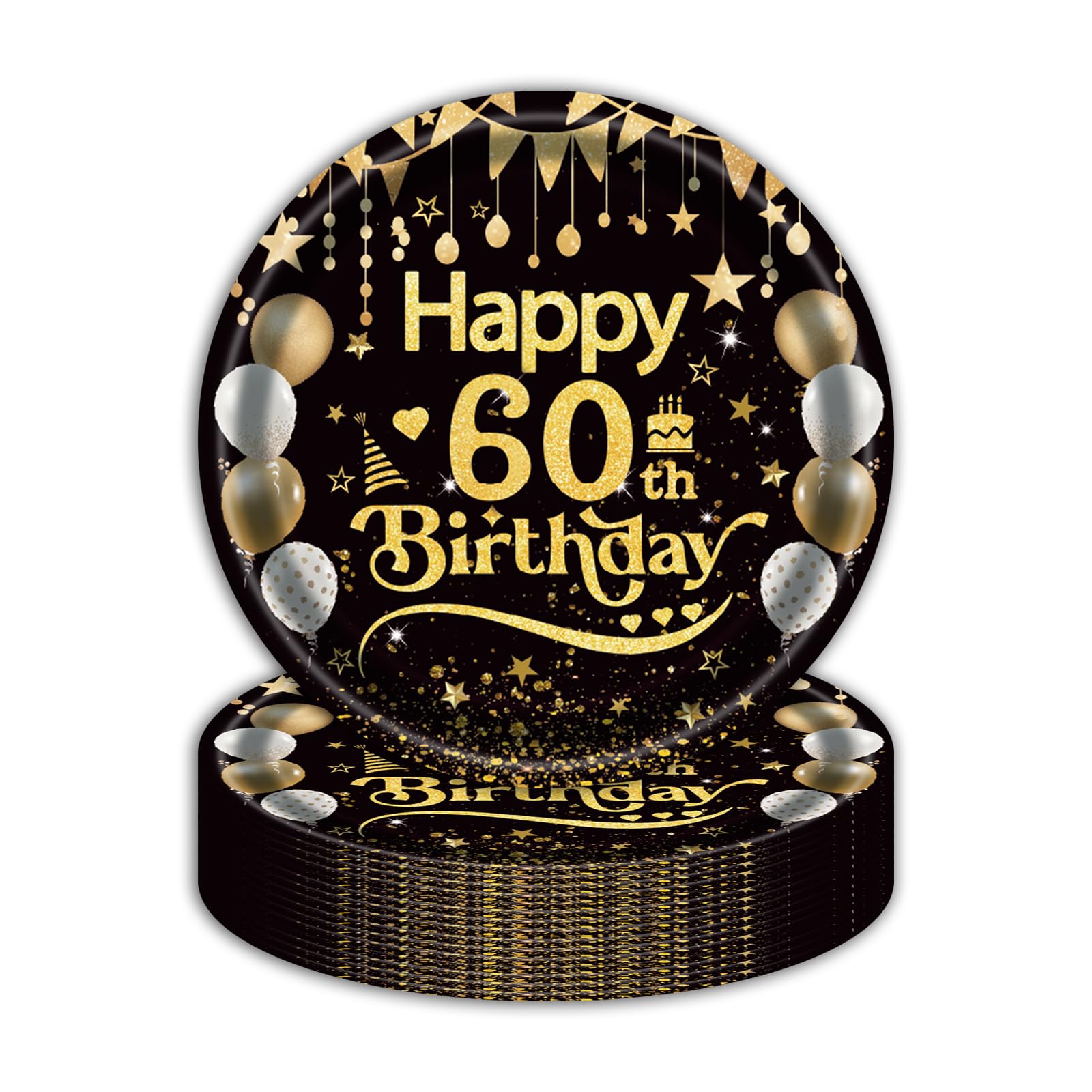 50Pcs 60th Birthday Paper Plates, 9 Inch Black and Gold Disposable Dessert Plates for Men and Women, 60th Birthday and Wedding Party