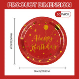 EVYIENEN 50PCS Happy Birthday Red and Gold Paper Plates, 9 inch Metallic Foil Polka Dots Disposable Dessert Party Plates Party Supplies for Graduation Birthday Cocktail Weddings Holiday