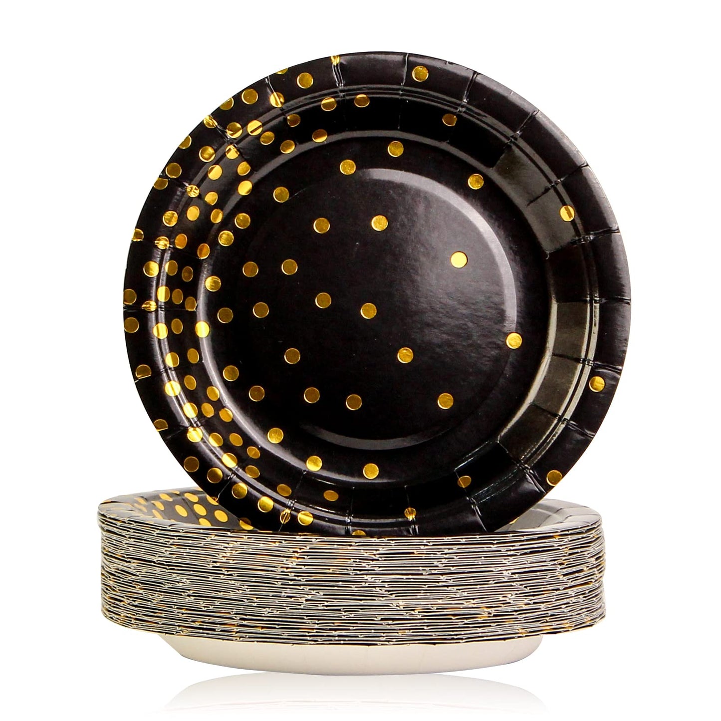 EVYIENEN 50 Pack Black and Gold Paper Plates, 7inch Metallic Foil Polka Dots Disposable Dessert Party Plates Party Supplies for Graduation Birthday Party Weddings Holiday