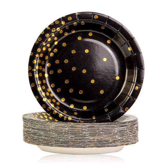 EVYIENEN 50 Pack Black and Gold Paper Plates, 7inch Metallic Foil Polka Dots Disposable Dessert Party Plates Party Supplies for Graduation Birthday Party Weddings Holiday