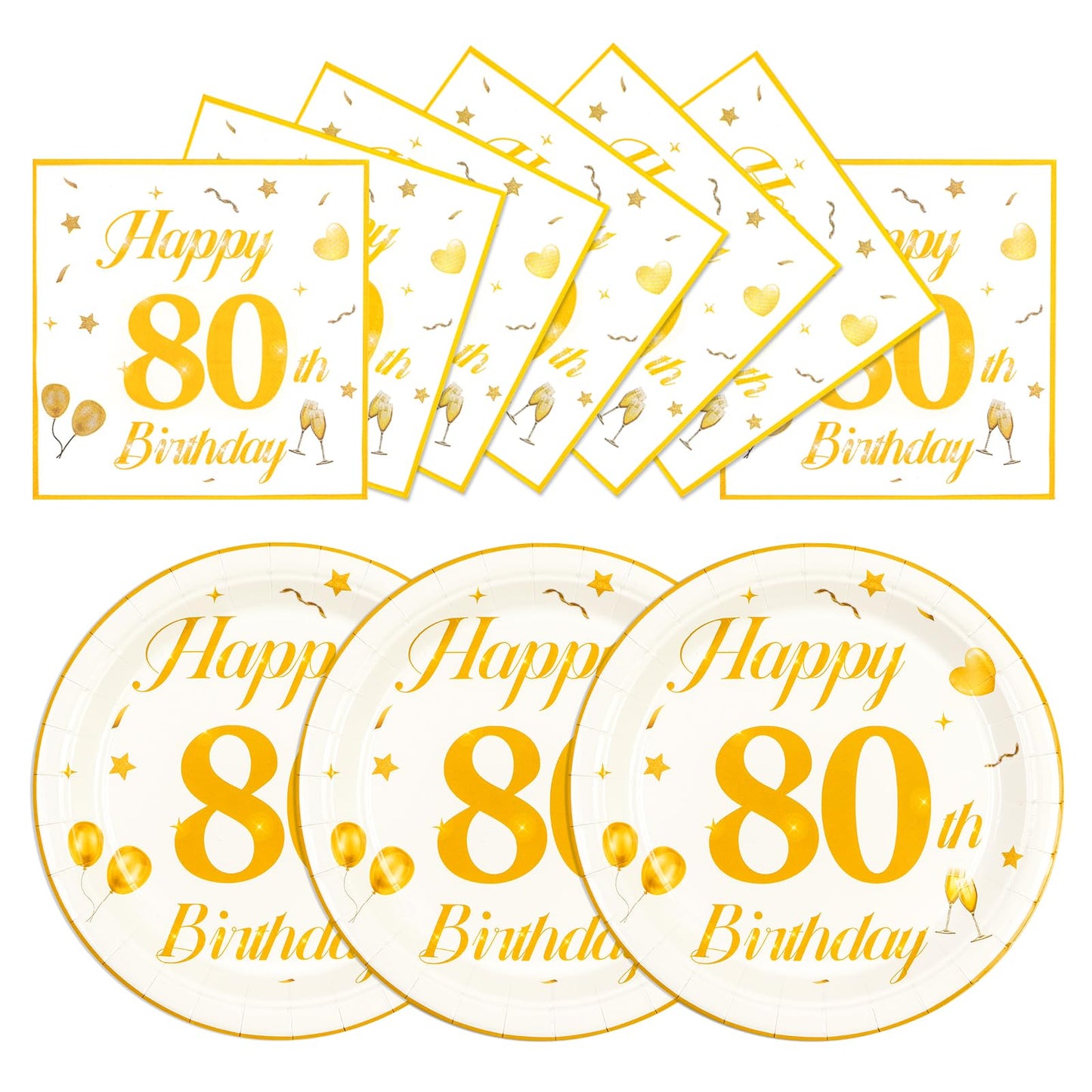 EVYIENEN 50PCS 80th Happy Birthday Plates and Napkins,7 Inch Premium Wihte and Gold Birthday Dessert Cake Plates Party and Cocktail Napkin for Men and Women Table Anniversary Decoration