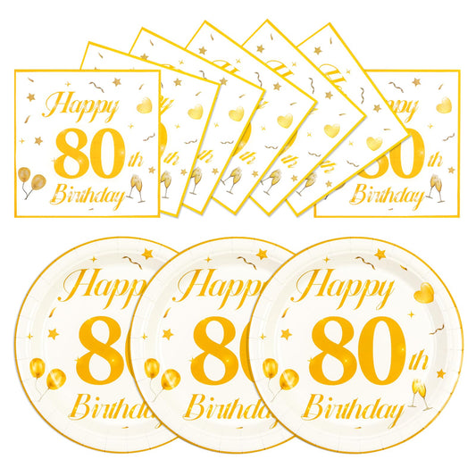 EVYIENEN 50PCS 80th Happy Birthday Plates and Napkins,7 Inch Premium Wihte and Gold Birthday Dessert Cake Plates Party and Cocktail Napkin for Men and Women Table Anniversary Decoration