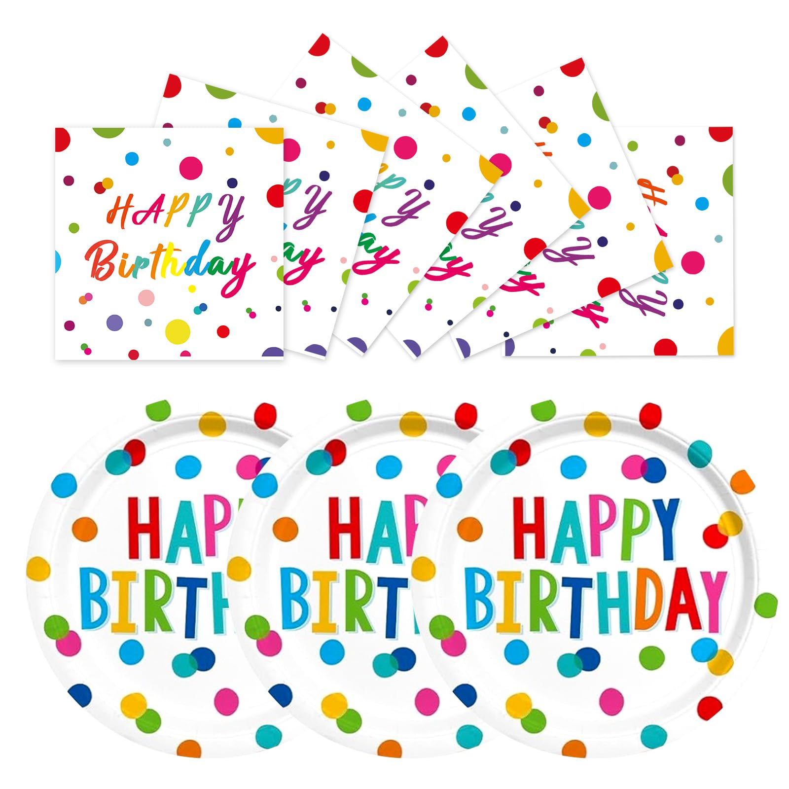 EVYIENEN 50 Pcs Happy Birthday Dots Plates and Napkins Party Supplies,Happy Birthday and Napkins Party Decorations for Birthday Plates-Serves 25