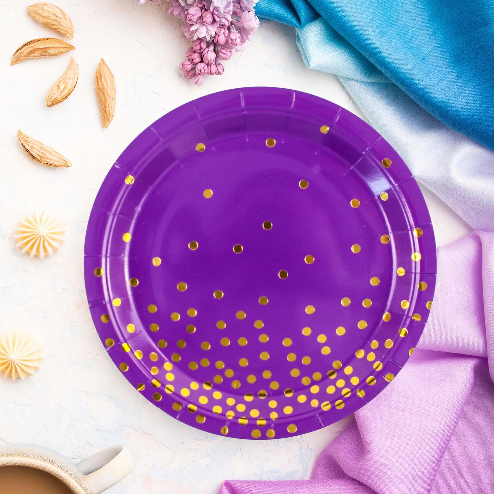 EVYIENEN 50 Pcs Purple and Gold Paper Plates, 7 inch Halloween Disposable Dessert Party Plates Party Supplies for Halloween Fall Thanksgiving Birthday Wedding Party Decorations
