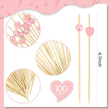 100 Counts Heart Shaped Pearl Fancy Cocktail Picks,4.7 Inch Handmade Bamboo Cocktail Toothpicks for Party Food Fruit Drinks Day Decoration Party Supplies