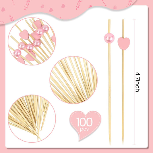 100 Pcs Heart Shaped Pearl Cocktail Picks – 4.7 Inch Bamboo Toothpicks for Cocktails, Appetizers & Valentine's Party Decoration