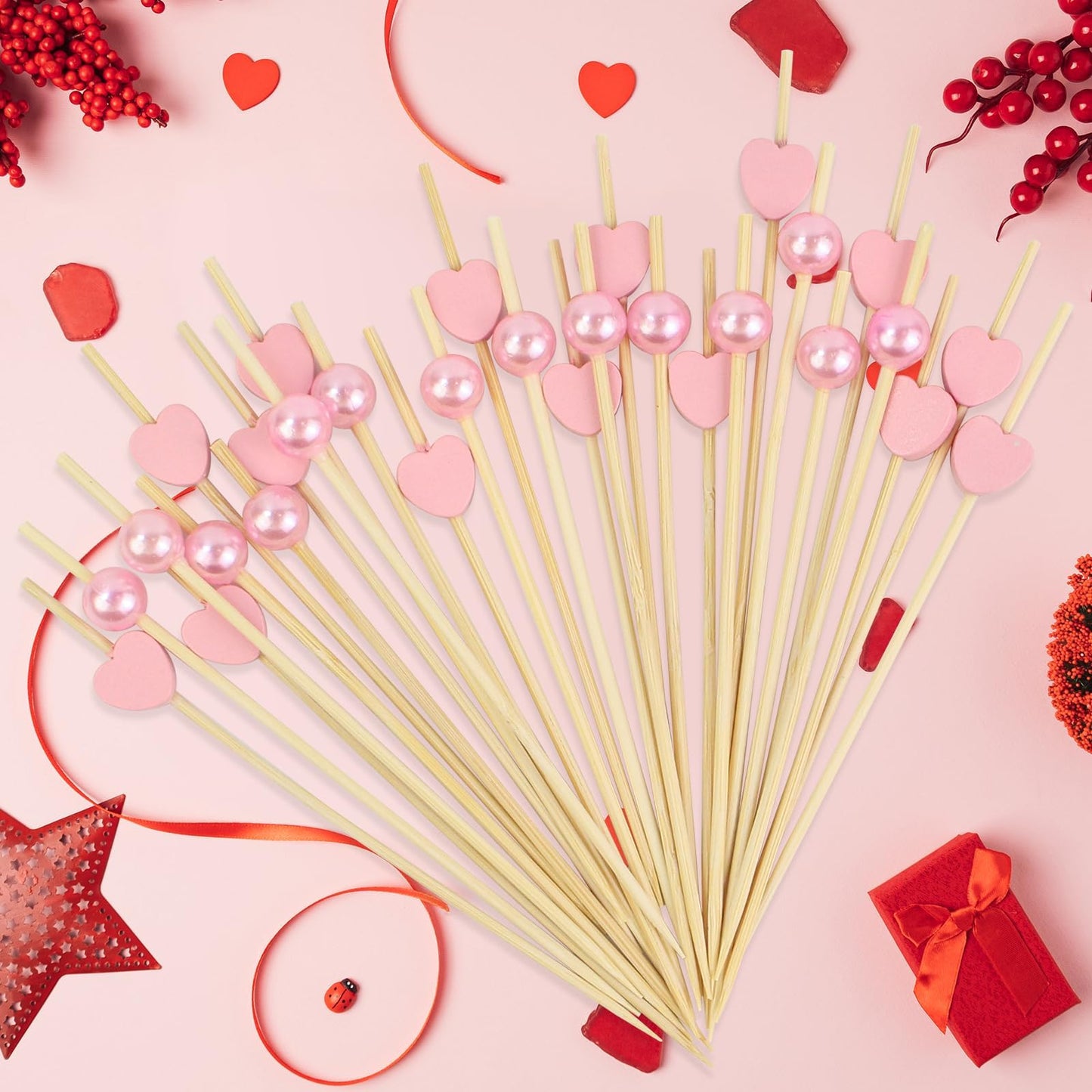 100 Counts Heart Shaped Pearl Fancy Cocktail Picks,4.7 Inch Handmade Bamboo Cocktail Toothpicks for Party Food Fruit Drinks Day Decoration Party Supplies