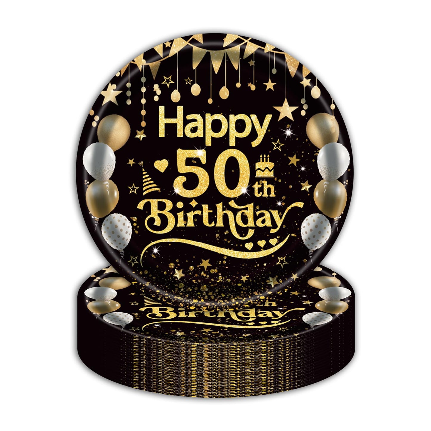 50Pcs 50th Birthday Paper Plates, 9 Inch Black and Gold Disposable Dessert Plates for Men and Women, 50th Birthday and Wedding Party