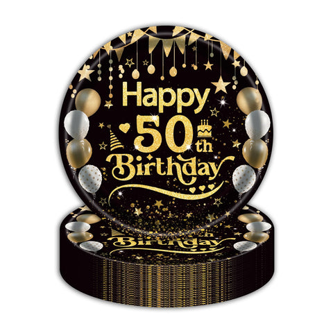 50Pcs 50th Birthday Paper Plates, 9 Inch Black and Gold Disposable Dessert Plates for Men and Women, 50th Birthday and Wedding Party