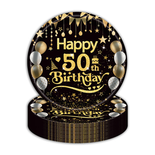 50Pcs 50th Birthday Paper Plates, 9 Inch Black and Gold Disposable Dessert Plates for Men and Women, 50th Birthday and Wedding Party