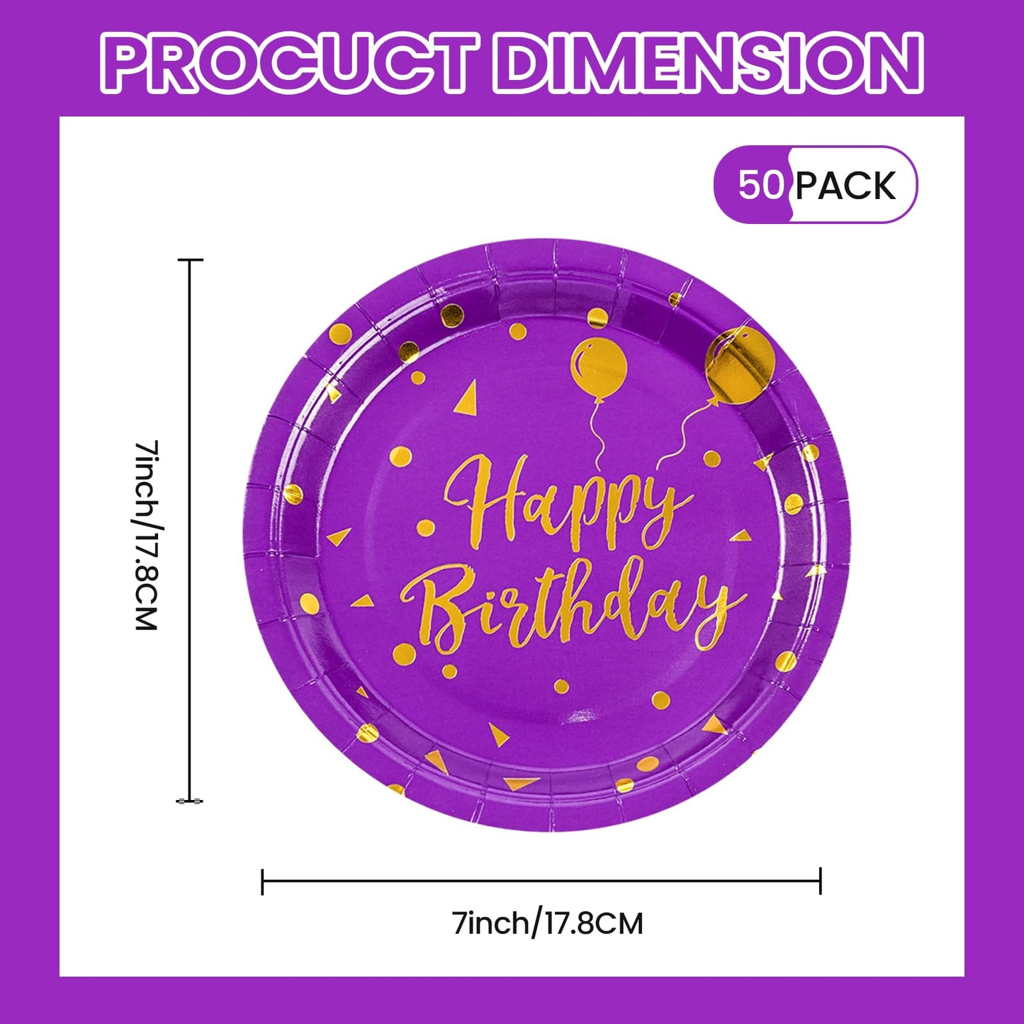50 Pcs Purple and Gold Paper Plates,7 inch Halloween Paper Plates Disposable Happy Birthday Dessert Cake Plate Party Supplies for Halloween Fall Thanksgiving Birthday Wedding Party Decorations