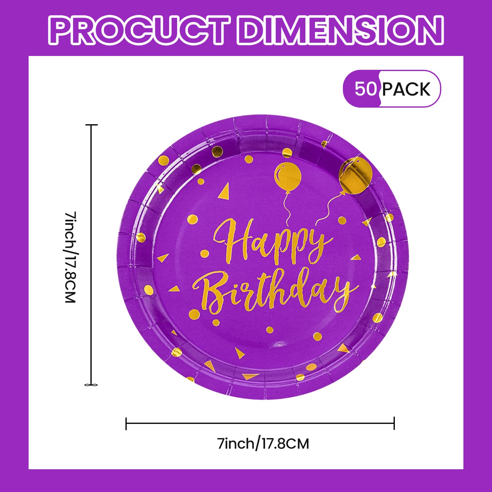 50 Pcs Purple and Gold Paper Plates,7 inch Halloween Paper Plates Disposable Happy Birthday Dessert Cake Plate Party Supplies for Halloween Fall Thanksgiving Birthday Wedding Party Decorations