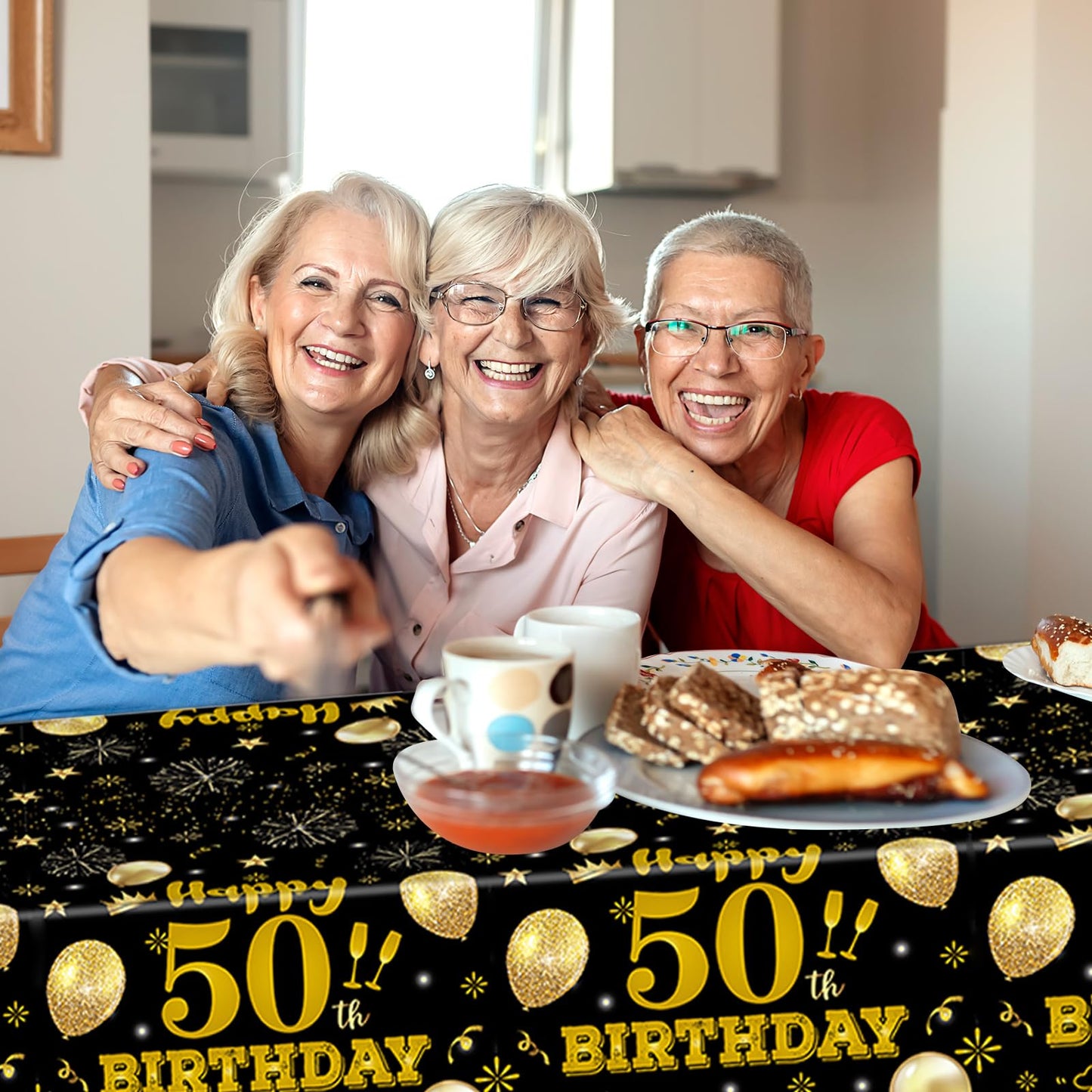 EVYIENEN 2 Pack 50th Birthday Tablecloth,Disposable Black Gold Plastic Waterproof Rectangular Table Covers for Christmas Party Decorations Men Women, 54 x 108 Inch