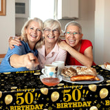 EVYIENEN 2 Pack 50th Birthday Tablecloth,Disposable Black Gold Plastic Waterproof Rectangular Table Covers for Christmas Party Decorations Men Women, 54 x 108 Inch