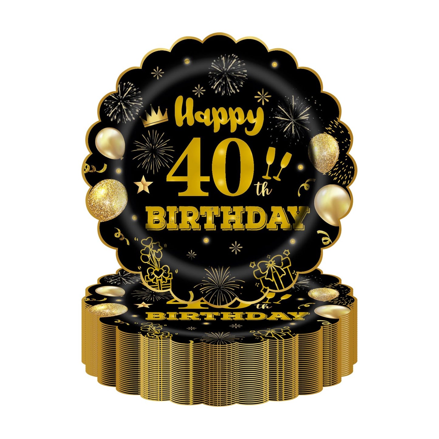 EVYIENEN 50Pcs 80th Birthday Party Paper Plates and Napkins,25 x 7inch Black and Gold Scalloped Dessert Plates Party and 25 x 6.5inch Cocktail Napkins for Birthday Wedding Anniversary Decorations