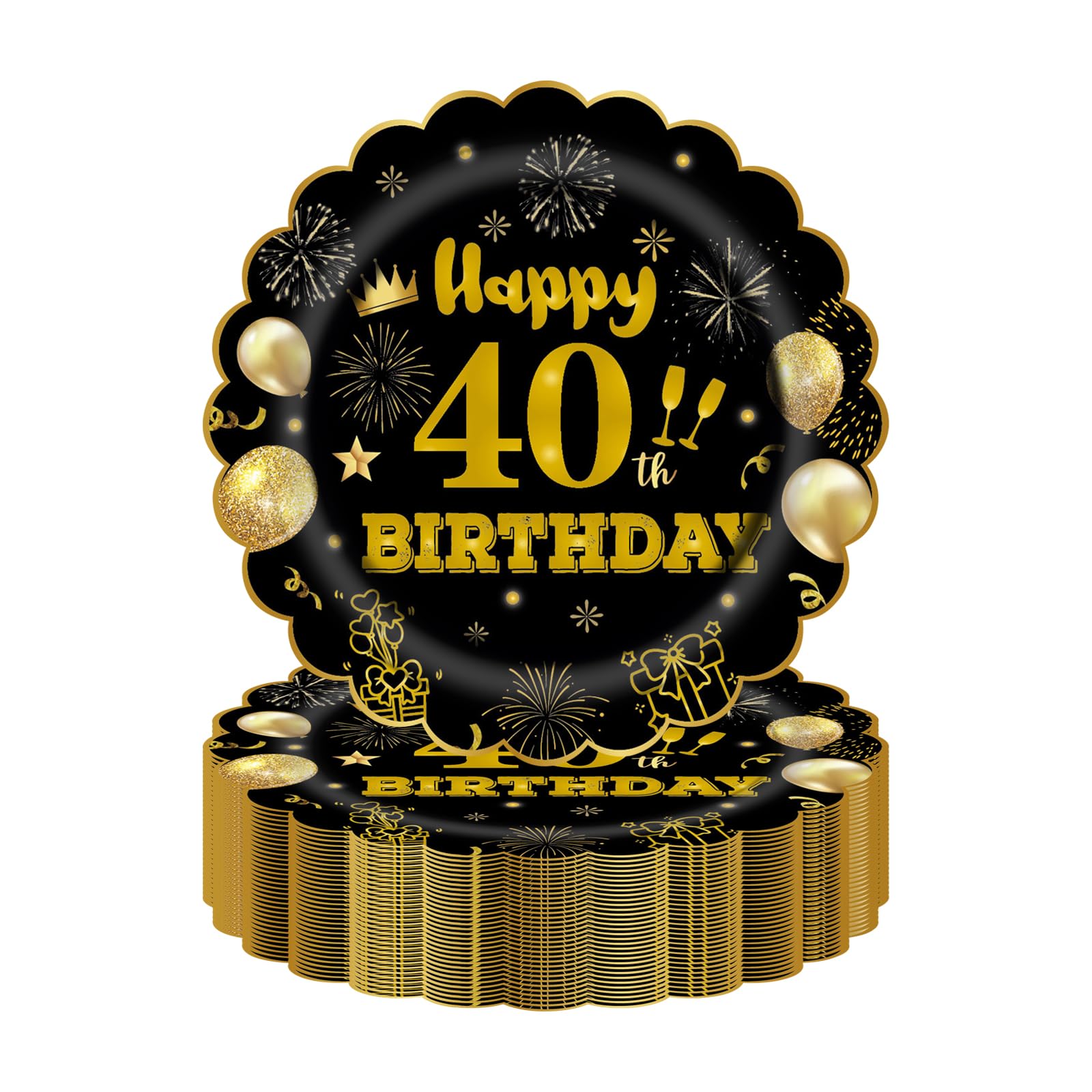 EVYIENEN 50Pcs 40th Birthday Party Paper Plates and Napkins,25 x 7inch Black and Gold Scalloped Dessert Plates Party and 25 x 6.5inch Cocktail Napkins for Birthday Wedding Anniversary Decorations