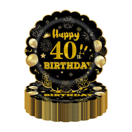 EVYIENEN 50Pcs 40th Birthday Party Paper Plates and Napkins,25 x 7inch Black and Gold Scalloped Dessert Plates Party and 25 x 6.5inch Cocktail Napkins for Birthday Wedding Anniversary Decorations