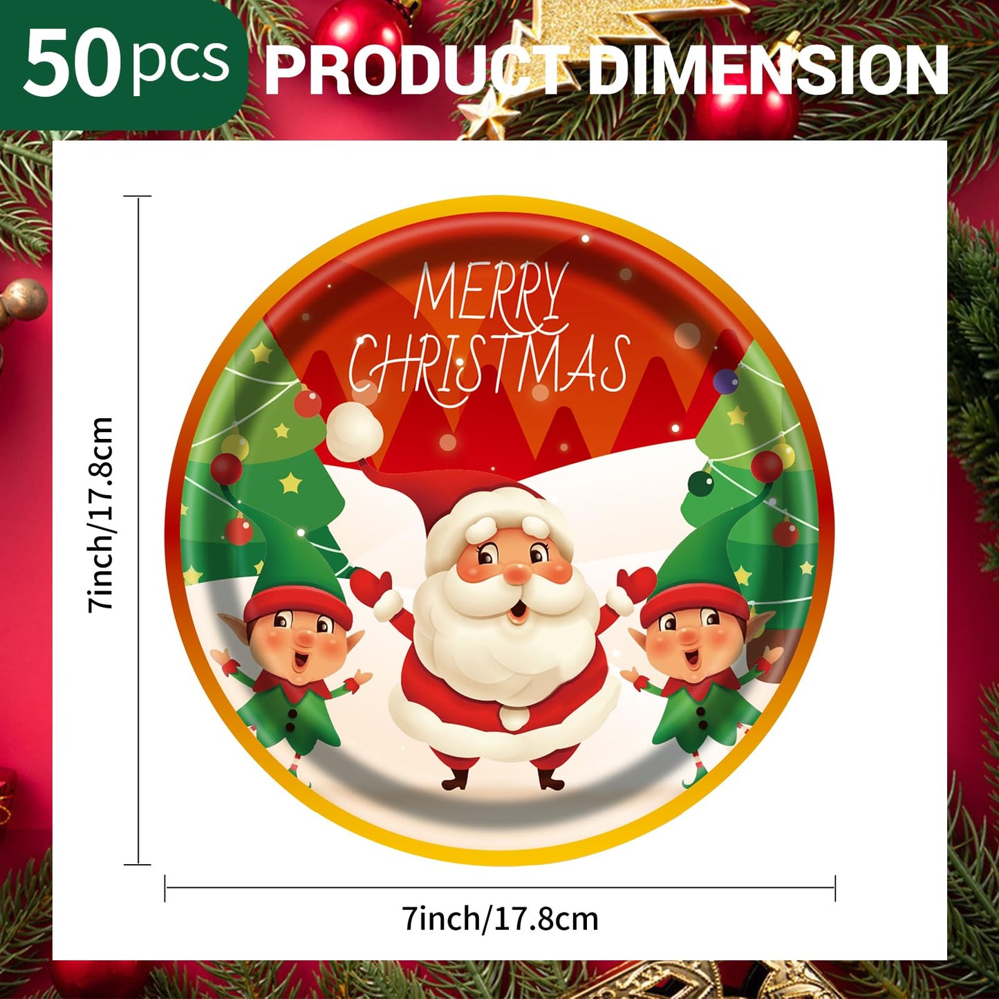 EVYIENEN 50pcs Christmas Paper Plates, 7 Inch Dessert Plates With Merry Christmas Letters, Party Decoration Supplies
