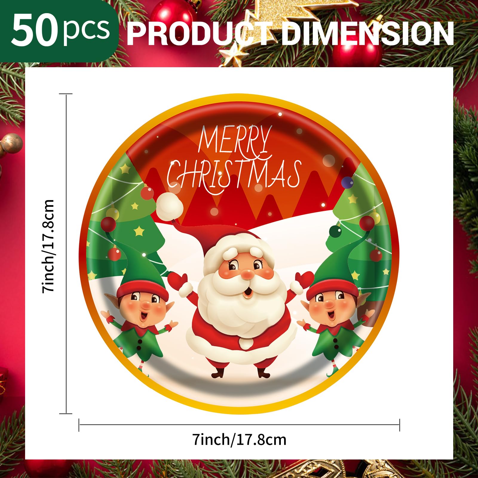 EVYIENEN 50pcs Christmas Paper Plates, 7 Inch Dessert Plates With Merry Christmas Letters, Party Decoration Supplies