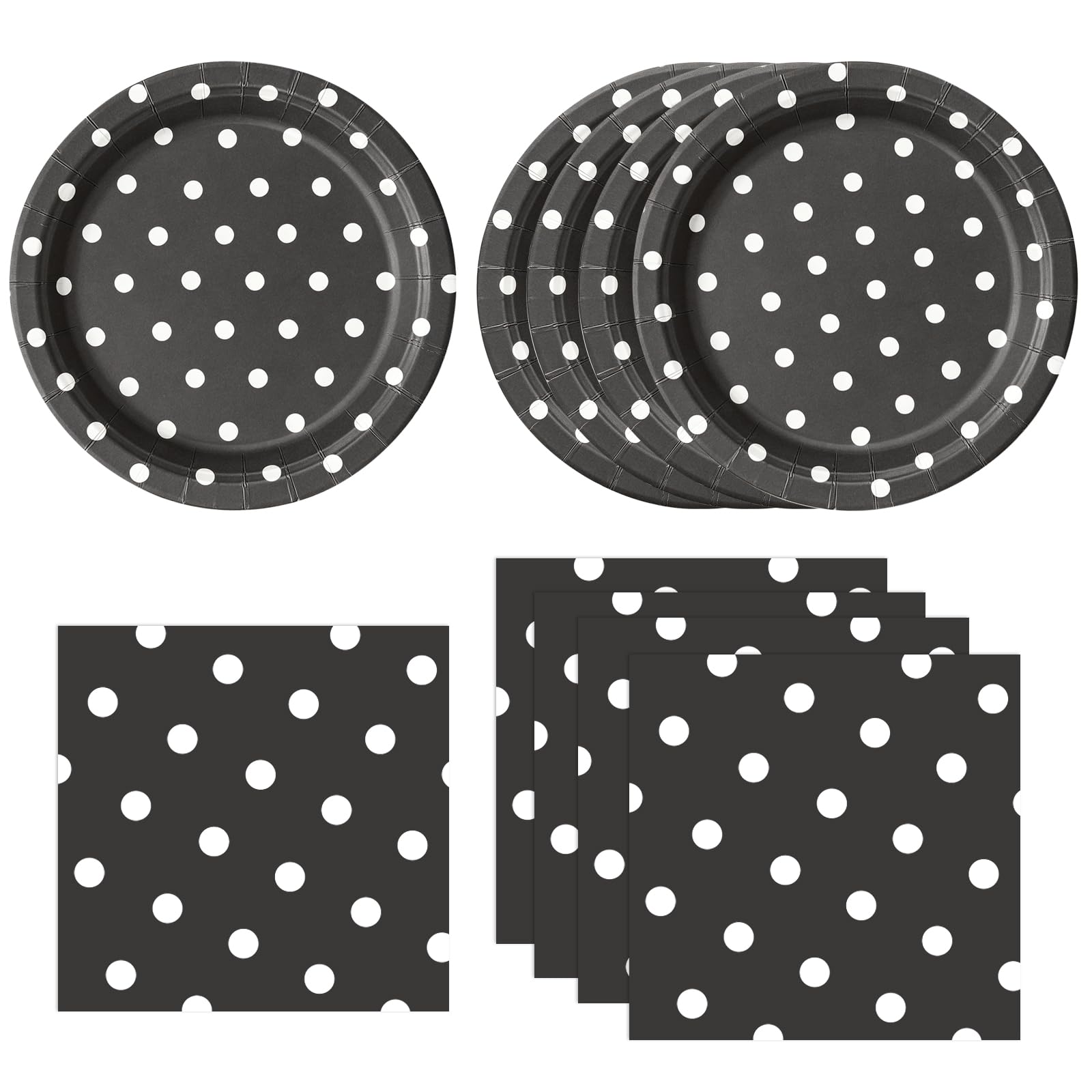 EVYIENEN 50PCS Black Polka Dot Paper Plates and Napkins Party Supplies, Black and White Party Plates and Napkins Tableware Set for Birthday Bridal & Baby Shower Wedding Party Decoration