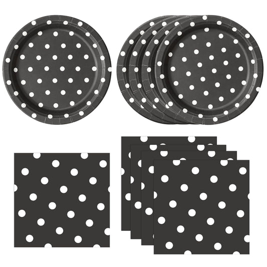 EVYIENEN 50PCS Black Polka Dot Paper Plates and Napkins Party Supplies, Black and White Party Plates and Napkins Tableware Set for Birthday Bridal & Baby Shower Wedding Party Decoration