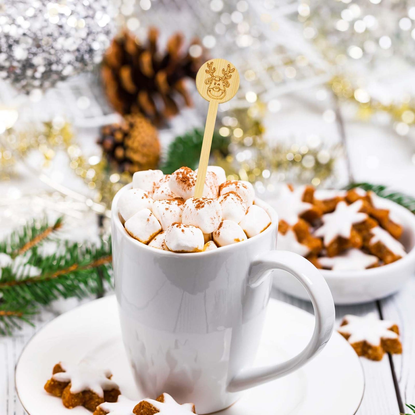 60PCS Bamboo Coffee Stirrers, 6.9 Inch Biodegradable Disposable Drink Stirrers – Santa Claus Christmas Design for Office, Coffee Shop & Home