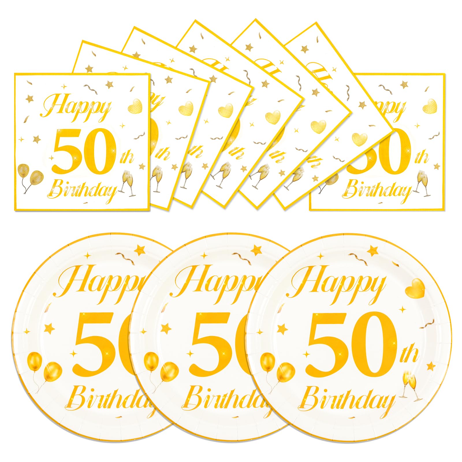 EVYIENEN 50PCS 50th Happy Birthday Plates and Napkins,7 Inch Premium Wihte and Gold Birthday Dessert Cake Plates Party and Cocktail Napkin for Men and Women Table Anniversary Decoration