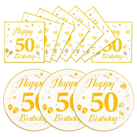 EVYIENEN 50PCS 50th Happy Birthday Plates and Napkins,7 Inch Premium Wihte and Gold Birthday Dessert Cake Plates Party and Cocktail Napkin for Men and Women Table Anniversary Decoration