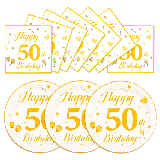 EVYIENEN 50PCS 50th Happy Birthday Plates and Napkins,7 Inch Premium Wihte and Gold Birthday Dessert Cake Plates Party and Cocktail Napkin for Men and Women Table Anniversary Decoration