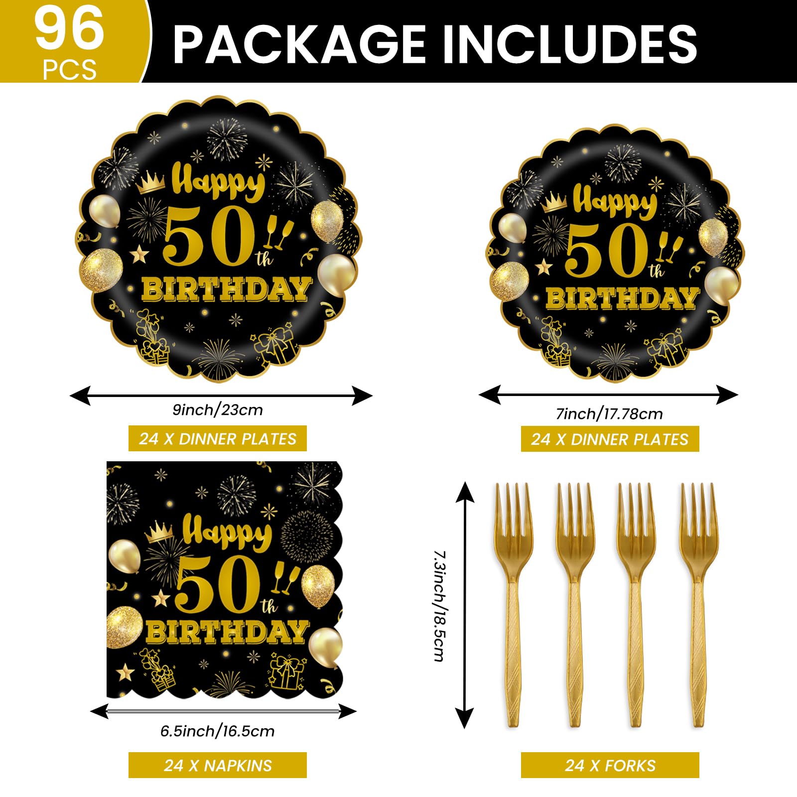 EVYIENEN 96Pcs 50th Birthday Party Tableware Set,Back in 1965 Birthday Party Decorations Supplies, Disposable Black and Gold 50th Birthdays Paper Plates Napkins Forks Favors for Men Women, Serve 24
