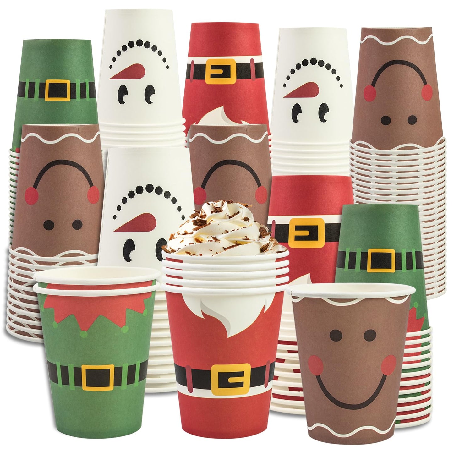 EVYIENEN 100 Pcs 9 oz Christmas Paper Cups,Xmas Disposable Coffee Cups,Nowflake Santa Snowman Elk Drinking Coffee Hot ColdTea Paper for Daily Use Holiday, Winter Party