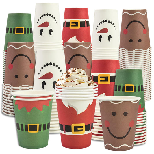 100Pcs 9oz Christmas Paper Cups, Santa Snowman Reindeer Disposable Coffee Cups for Hot and Cold Drinks, Holiday and Winter Party