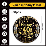 50Pcs 40th Birthday Paper Plates, 9 Inch Black and Gold Disposable Dessert Plates for Men and Women, 40th Birthday and Wedding Party