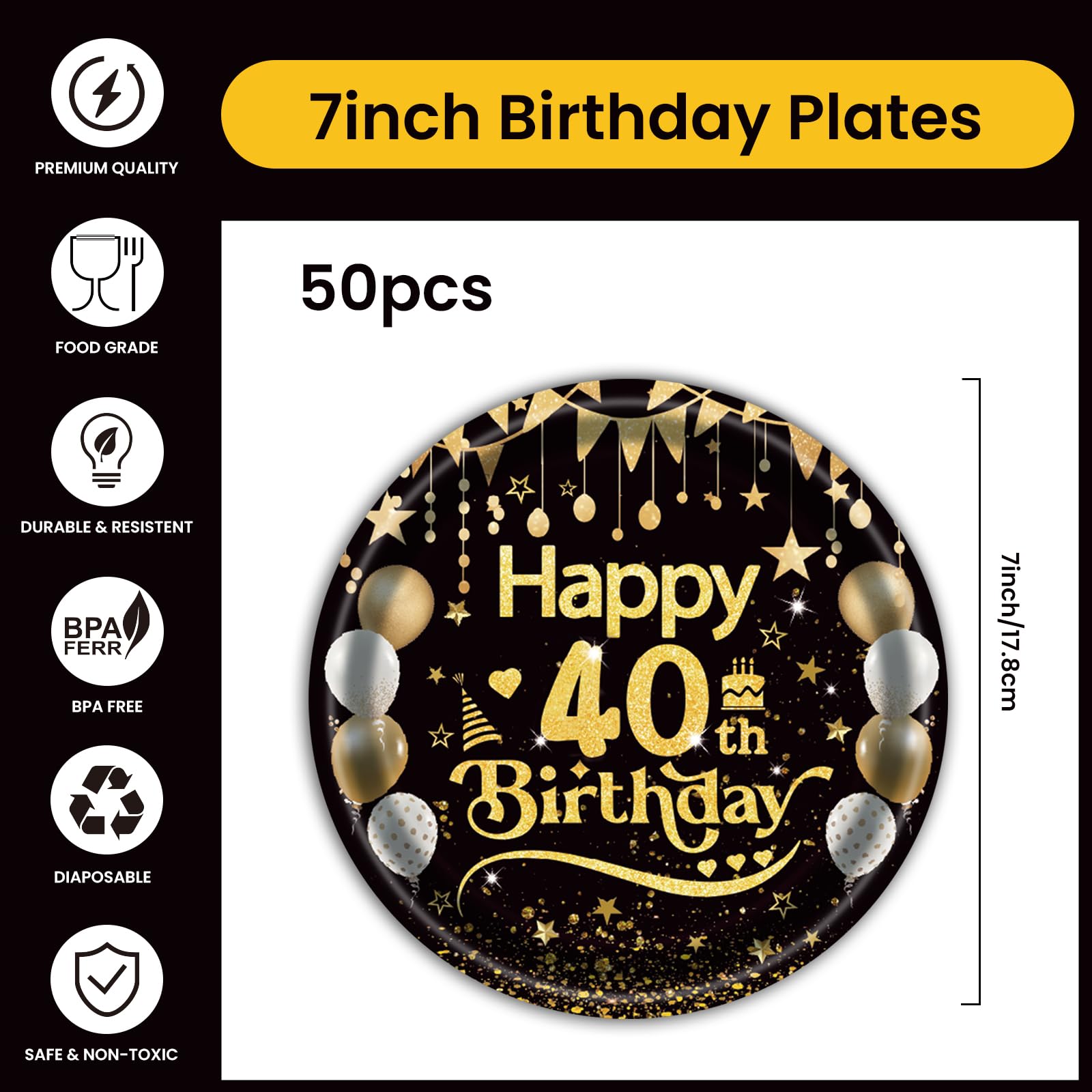 50Pcs 40th Birthday Paper Plates, 9 Inch Black and Gold Disposable Dessert Plates for Men and Women, 40th Birthday and Wedding Party