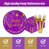 75Pcs Happy Birthday Purple Glod Paper Plates and Napkins Party Supplies Set,Purple Disposable Plates Party Supplies Includes Paper Napkins Forks Decorations for Birthday,Wedding,Christmas,Serves 25