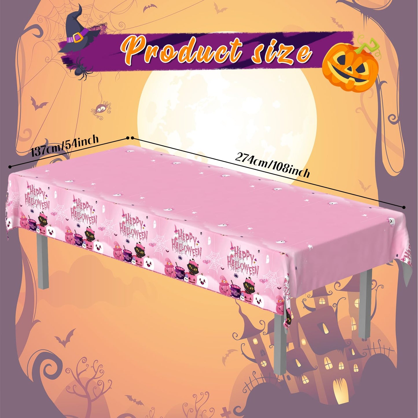 108×54Inch Halloween Tablecloth, Halloween Decorations Indoor Outdoor Happy Boo Pumpkin Bat Skeleton Candy Disposable Plastic Waterproof Tablecover for Table Decor Backdrop Banner Party Supplies