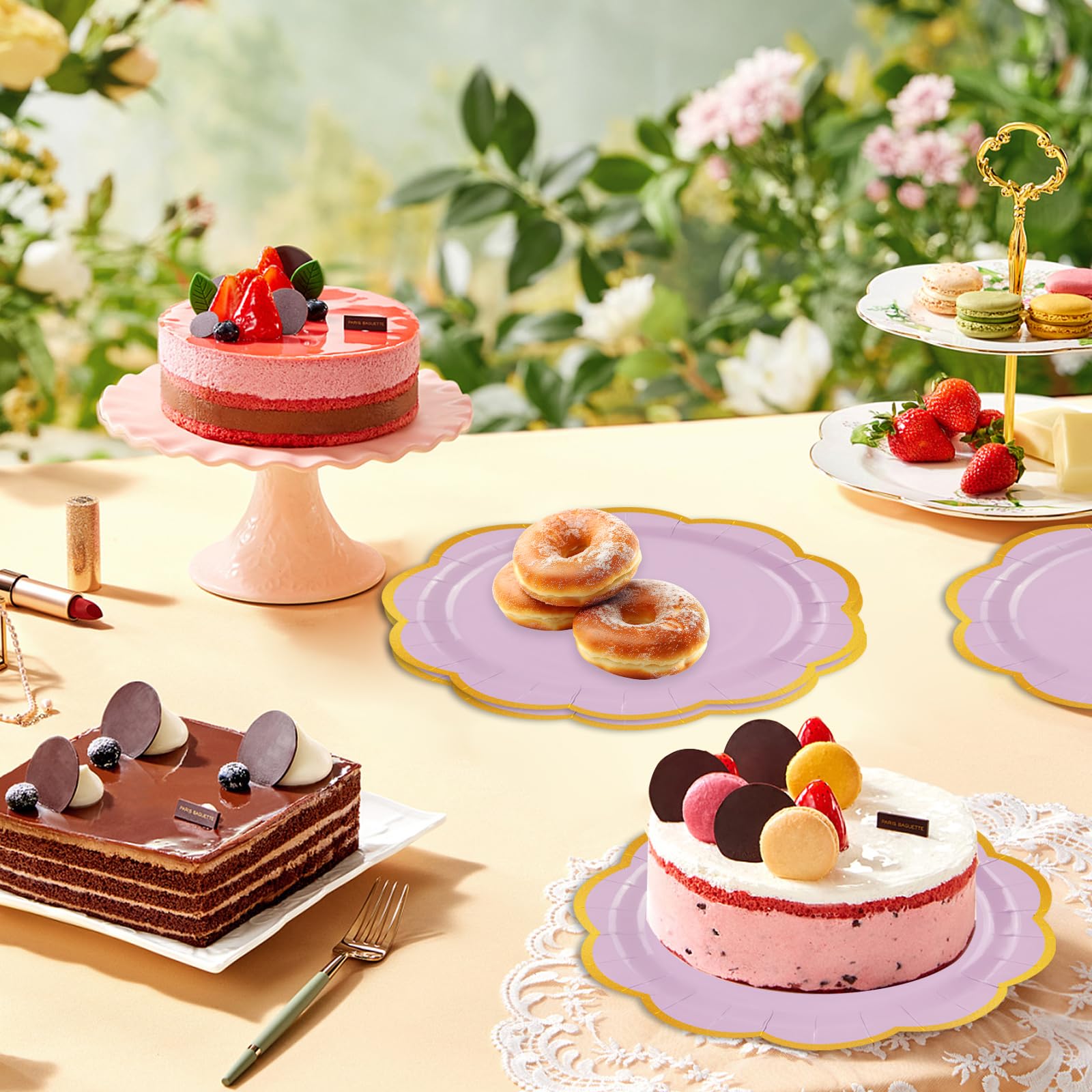EVYIENEN 50 Pcs Purple Paper Plates,9 Inches Gold Foil Disposable Scalloped Paper Party Plates for Cake Dessert Halloween Fall Thanksgiving Birthday Wedding Baby Shower Party Decorations