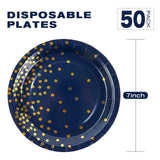 EVYIENEN 50 Pack Deep Blue and Gold Paper Plates, 7inch Metallic Foil Polka Dots Disposable Dessert Party Party Supplies Plates for Graduation Birthday Cocktail Party Weddings Holiday Christmas