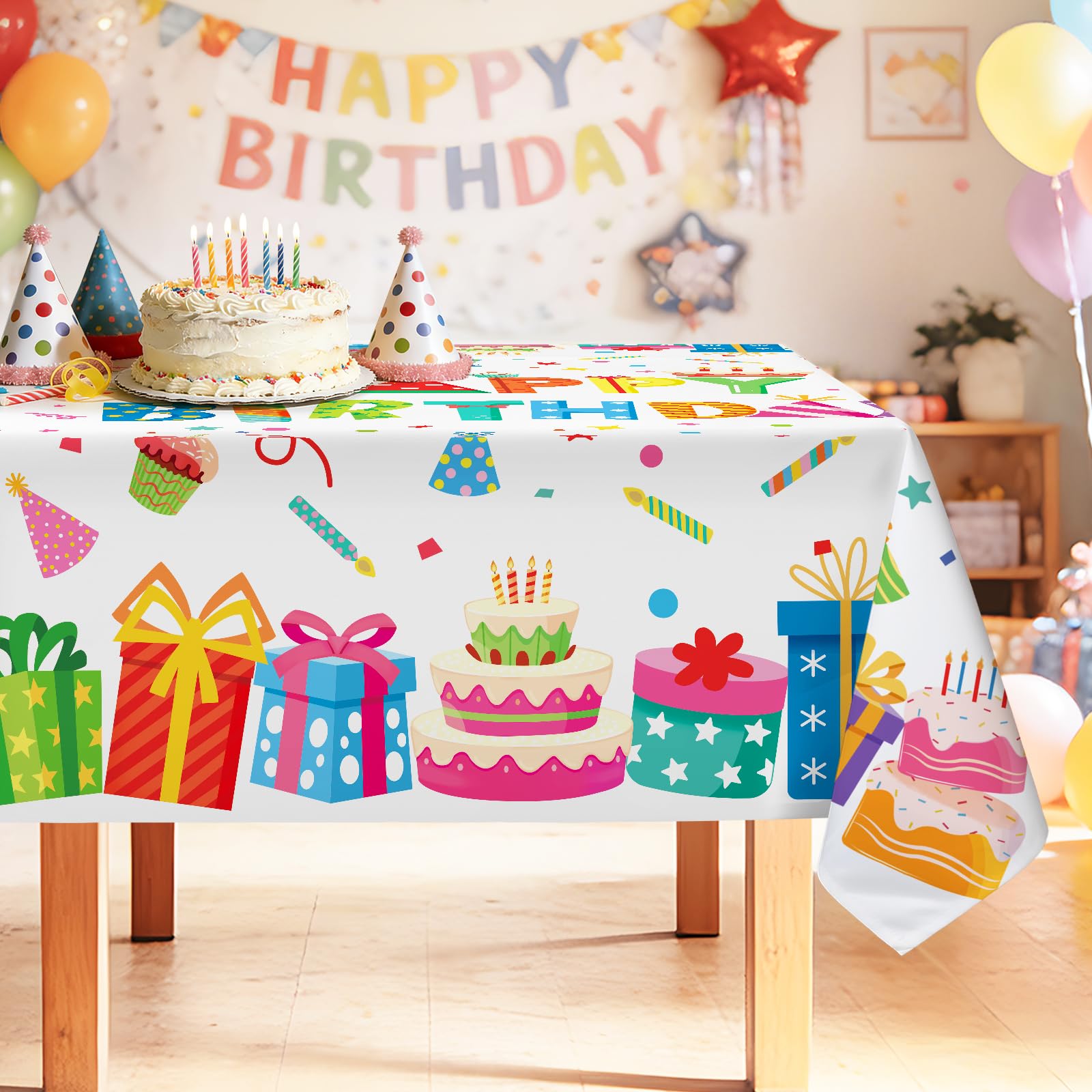 hometrixx Birthday Table Cloth Rectangle Happy Birthday Gifts Cake Washable Wipeable Polyester Table Cover Stain Wrinkle Resistant Oil Proof Kitchen Decor for Party Dinner Picnic,60x84inch White