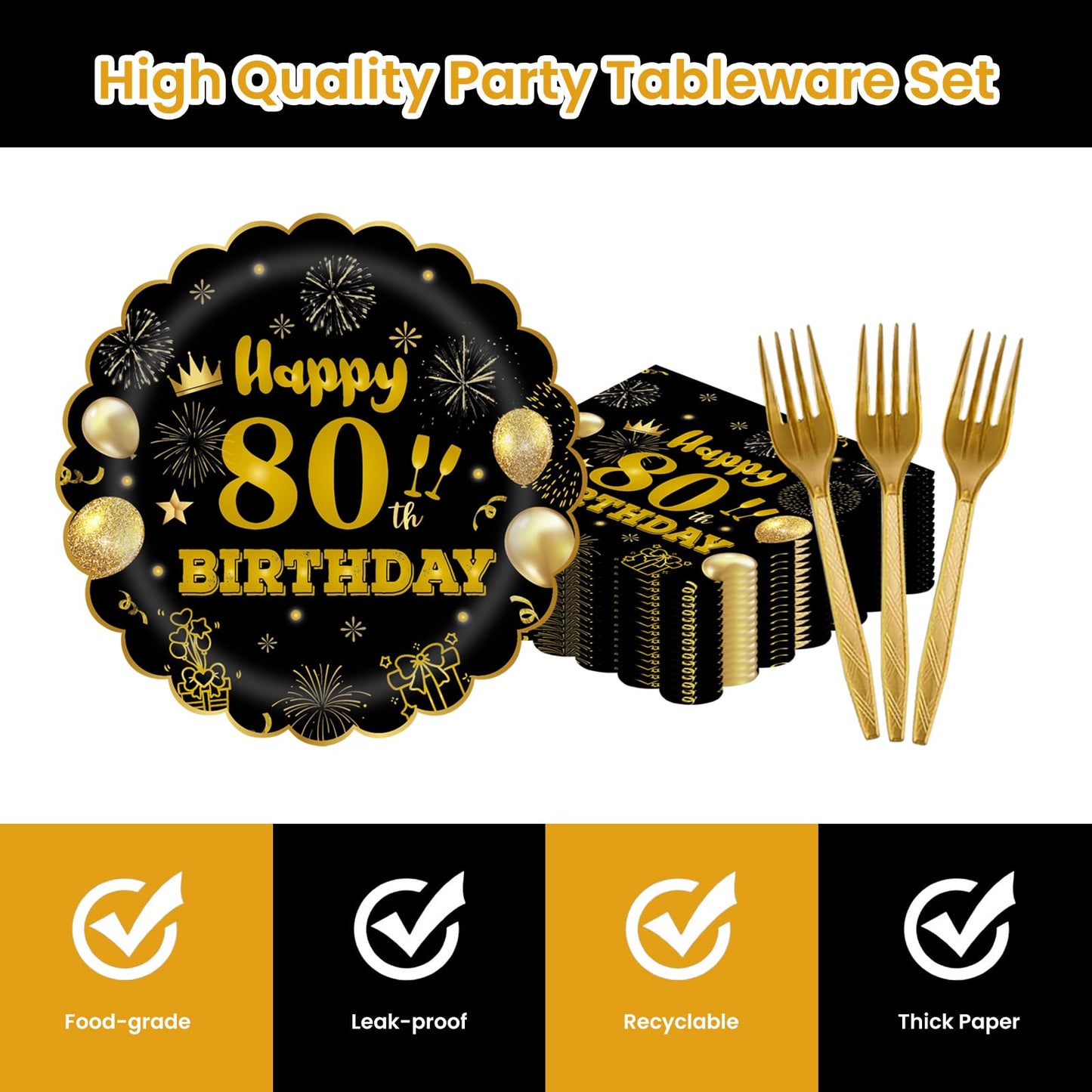 EVYIENEN 75 PCS 80th Birthday Party Supplies Paper Plates and Napkins, Black and Gold 80th Birthday Plates Napkins Tableware Set for Boys Men Tableware Set Decorations