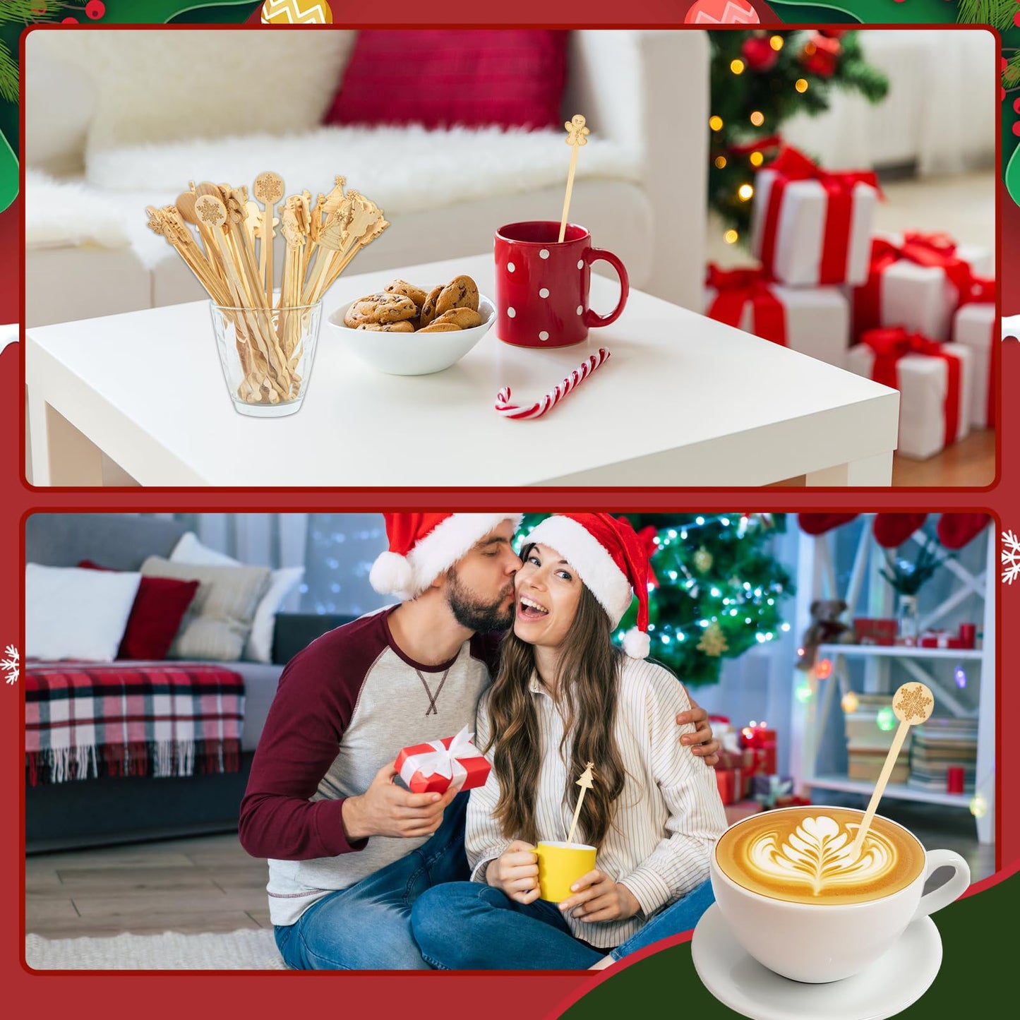 50PCS Bamboo Coffee Stirrers, 7 inch Biodegradable Disposable Christmas Coffee stirrers for Coffee Milk Christmas New Year Office Hot Chocolate Bar Supplies