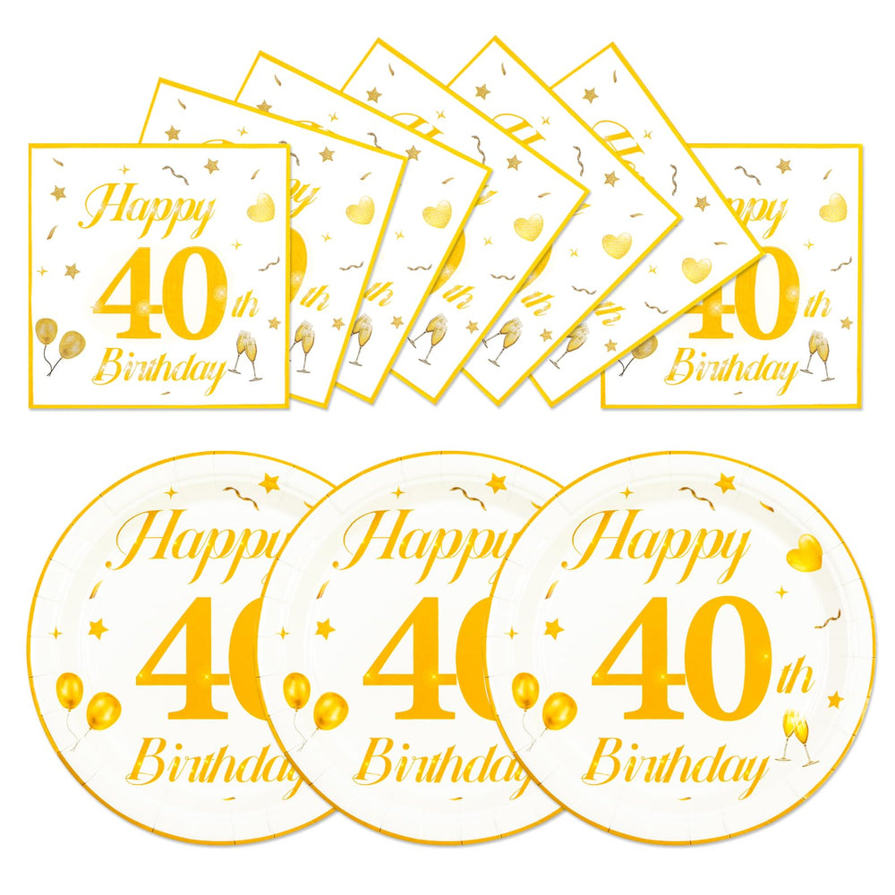 EVYIENEN 50PCS 40th Happy Birthday Plates and Napkins,7 Inch Premium Wihte and Gold Birthday Dessert Cake Plates Party and Cocktail Napkin for Men and WomenTable Anniversary Decoration