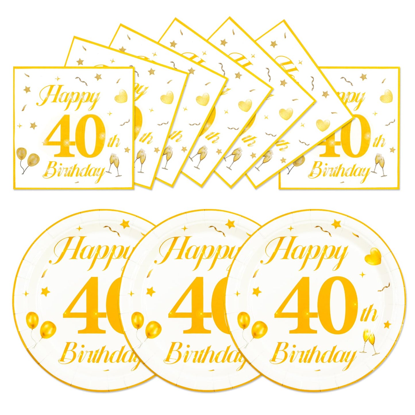 EVYIENEN 50PCS 40th Happy Birthday Plates and Napkins,7 Inch Premium Wihte and Gold Birthday Dessert Cake Plates Party and Cocktail Napkin for Men and WomenTable Anniversary Decoration