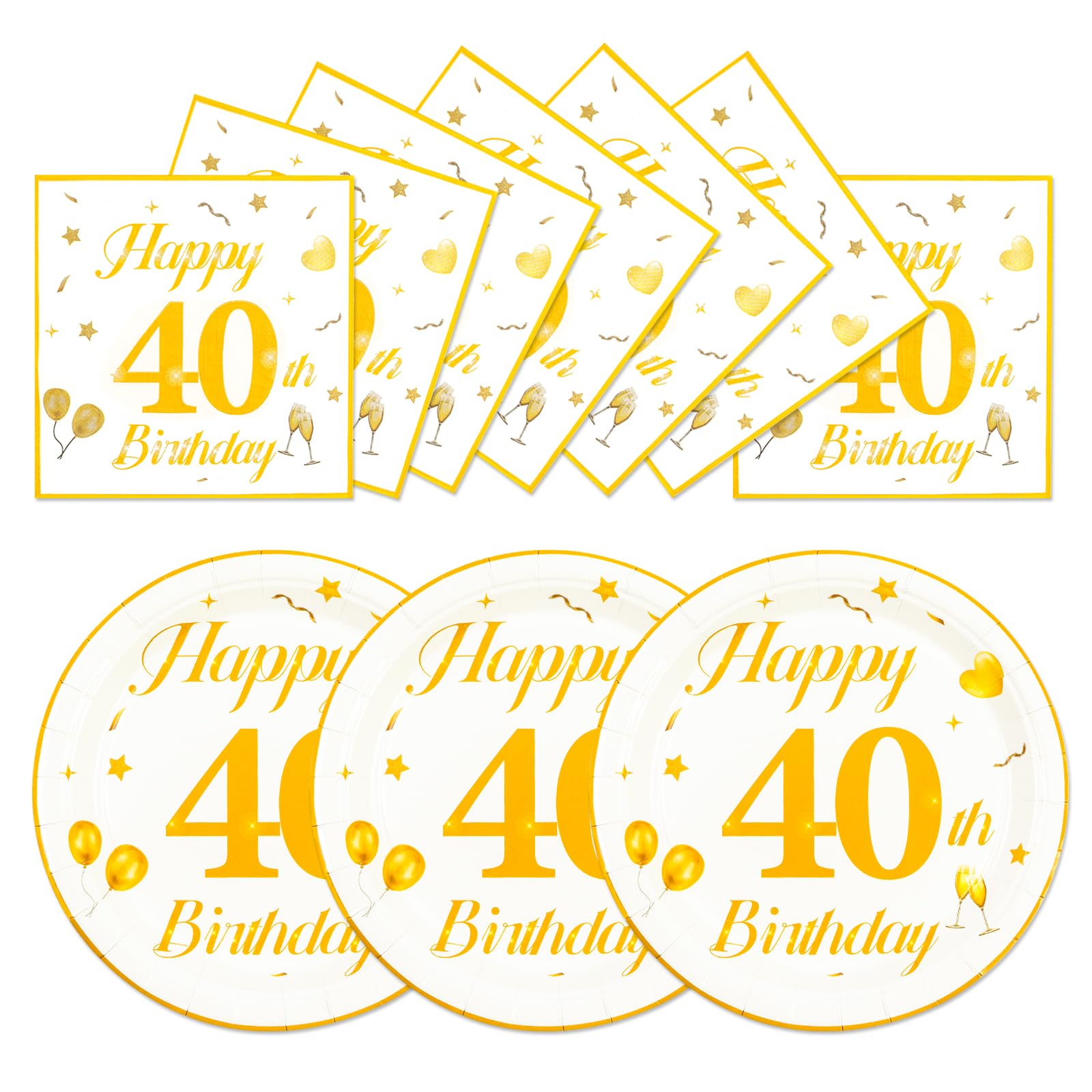 EVYIENEN 50PCS 40th Happy Birthday Plates and Napkins,7 Inch Premium Wihte and Gold Birthday Dessert Cake Plates Party and Cocktail Napkin for Men and WomenTable Anniversary Decoration
